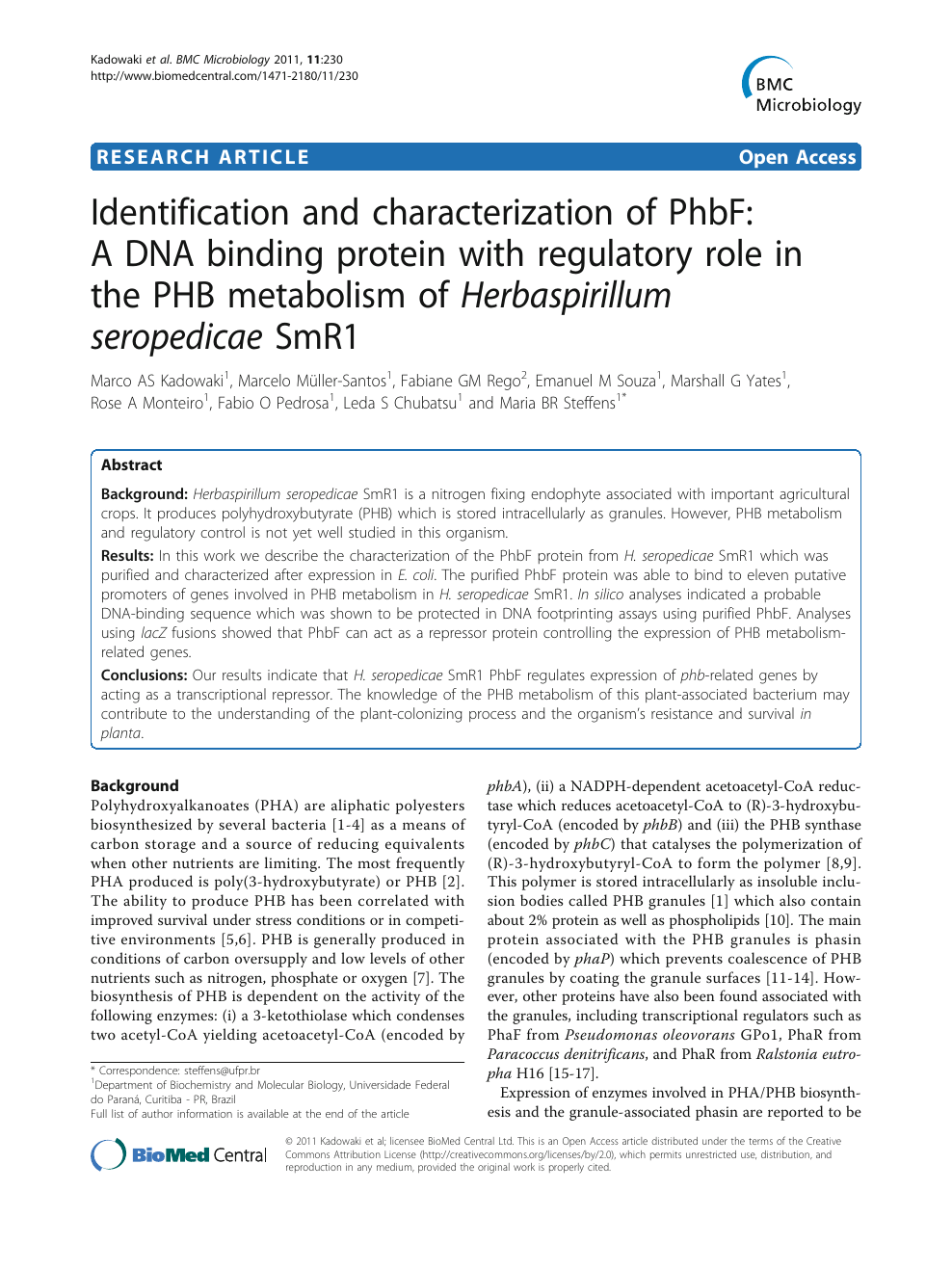 Identification And Characterization Of Phbf A Dna Binding Protein With Regulatory Role In The Phb Metabolism Of Herbaspirillum Seropedicae Smr1 Topic Of Research Paper In Biological Sciences Download Scholarly Article Pdf