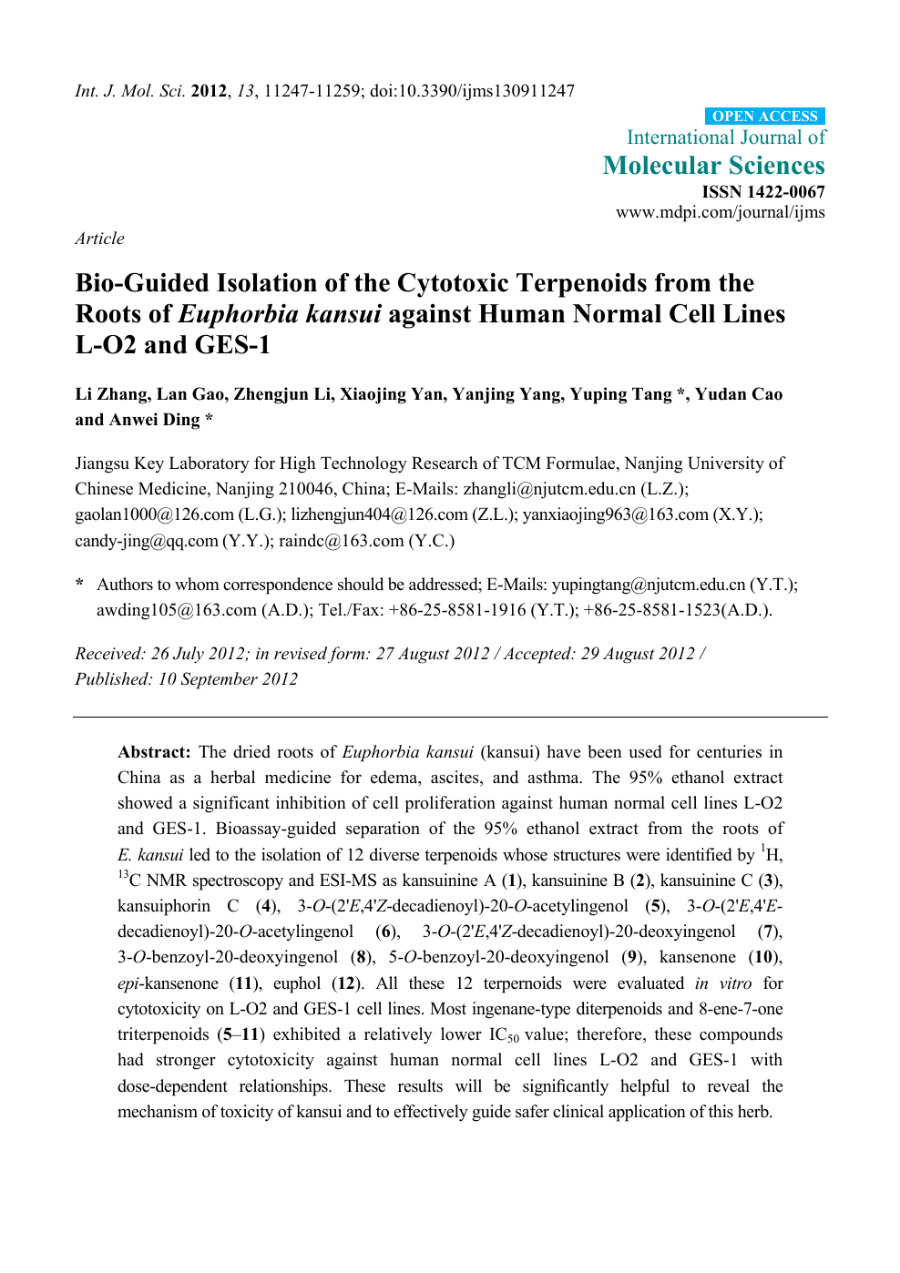 Bio Guided Isolation Of The Cytotoxic Terpenoids From The Roots Of Euphorbia Kansui Against Human Normal Cell Lines L O2 And Ges 1 Topic Of Research Paper In Chemical Sciences Download Scholarly Article Pdf