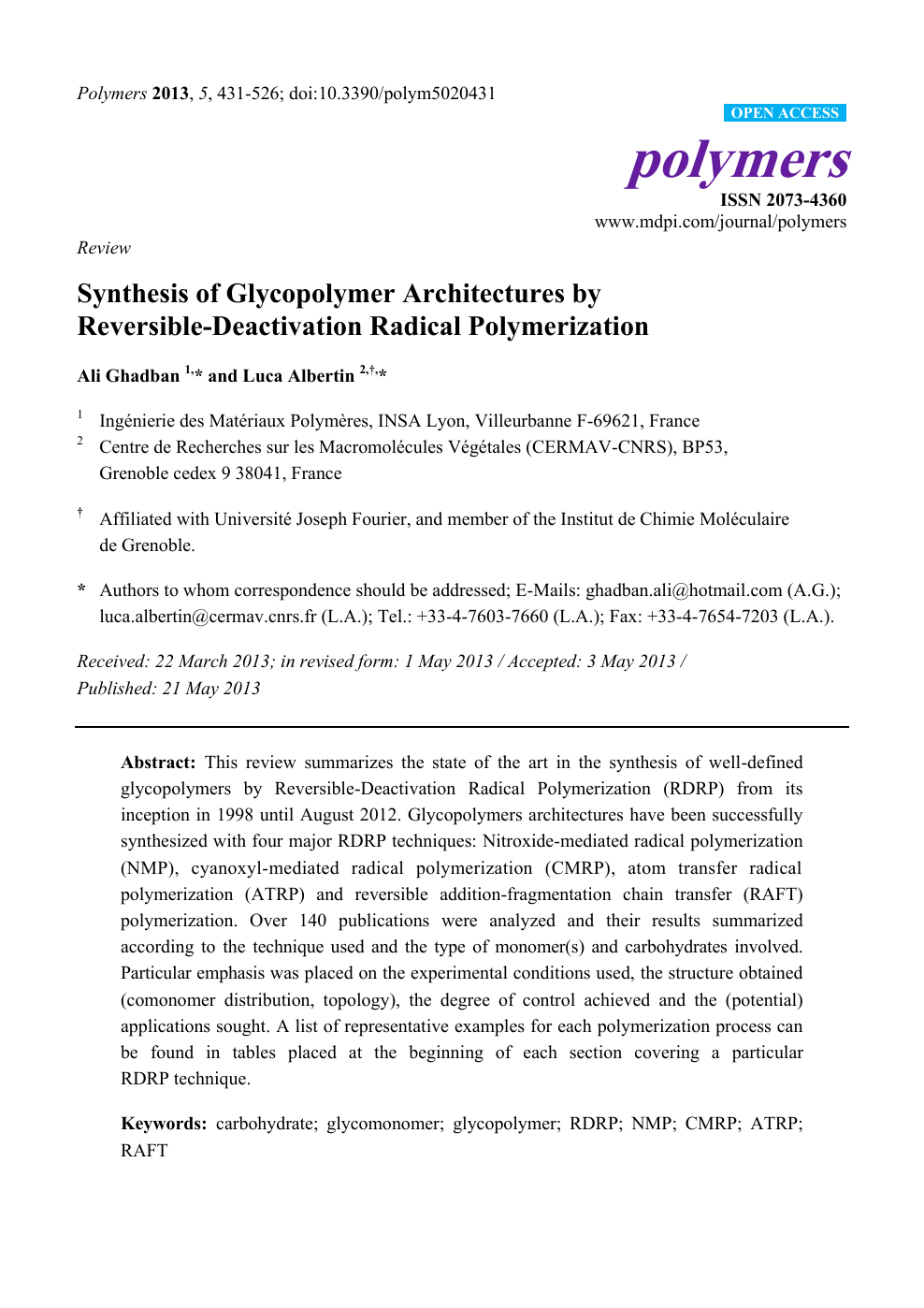 Synthesis Of Glycopolymer Architectures By Reversible Deactivation Radical Polymerization Topic Of Research Paper In Chemical Sciences Download Scholarly Article Pdf And Read For Free On Cyberleninka Open Science Hub