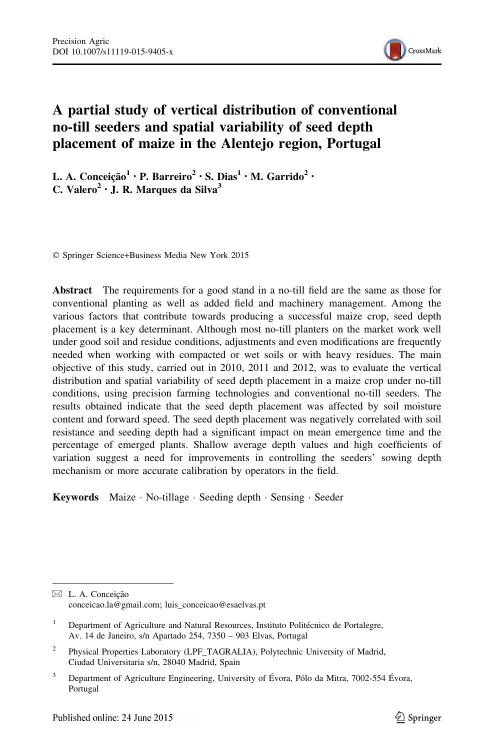 A Partial Study Of Vertical Distribution Of Conventional No Till Seeders And Spatial Variability Of Seed Depth Placement Of Maize In The Alentejo Region Portugal Topic Of Research Paper In Agriculture Forestry