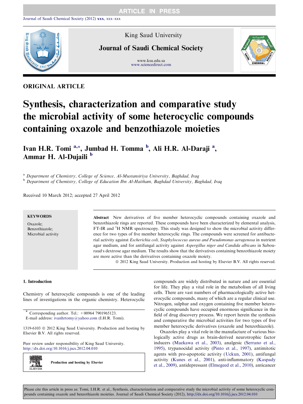 Synthesis Characterization And Comparative Study The Microbial Activity Of Some Heterocyclic Compounds Containing Oxazole And Benzothiazole Moieties Topic Of Research Paper In Chemical Sciences Download Scholarly Article Pdf And Read For