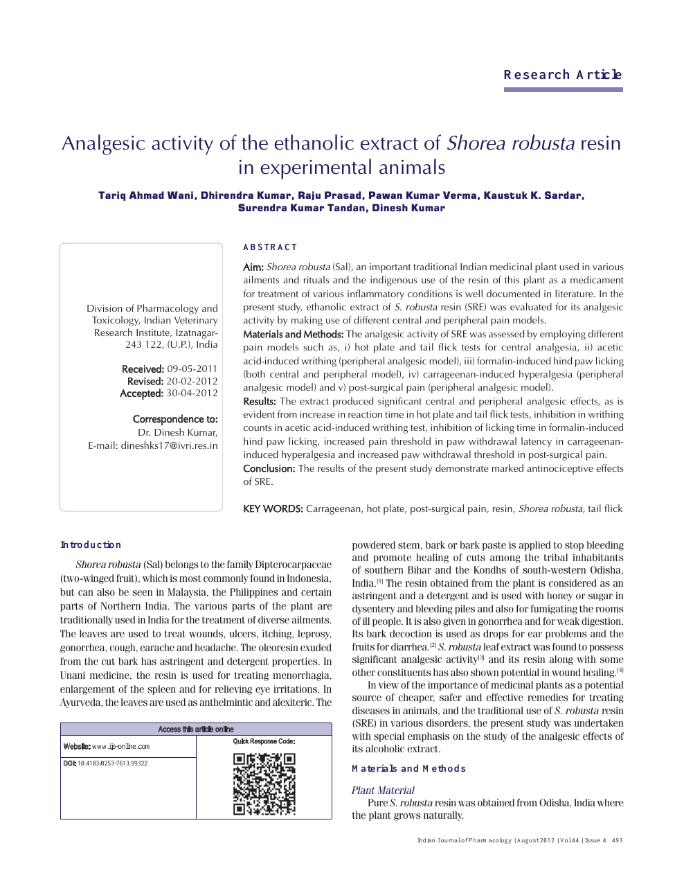 Analgesic Activity Of The Ethanolic Extract Of Shorea Robusta