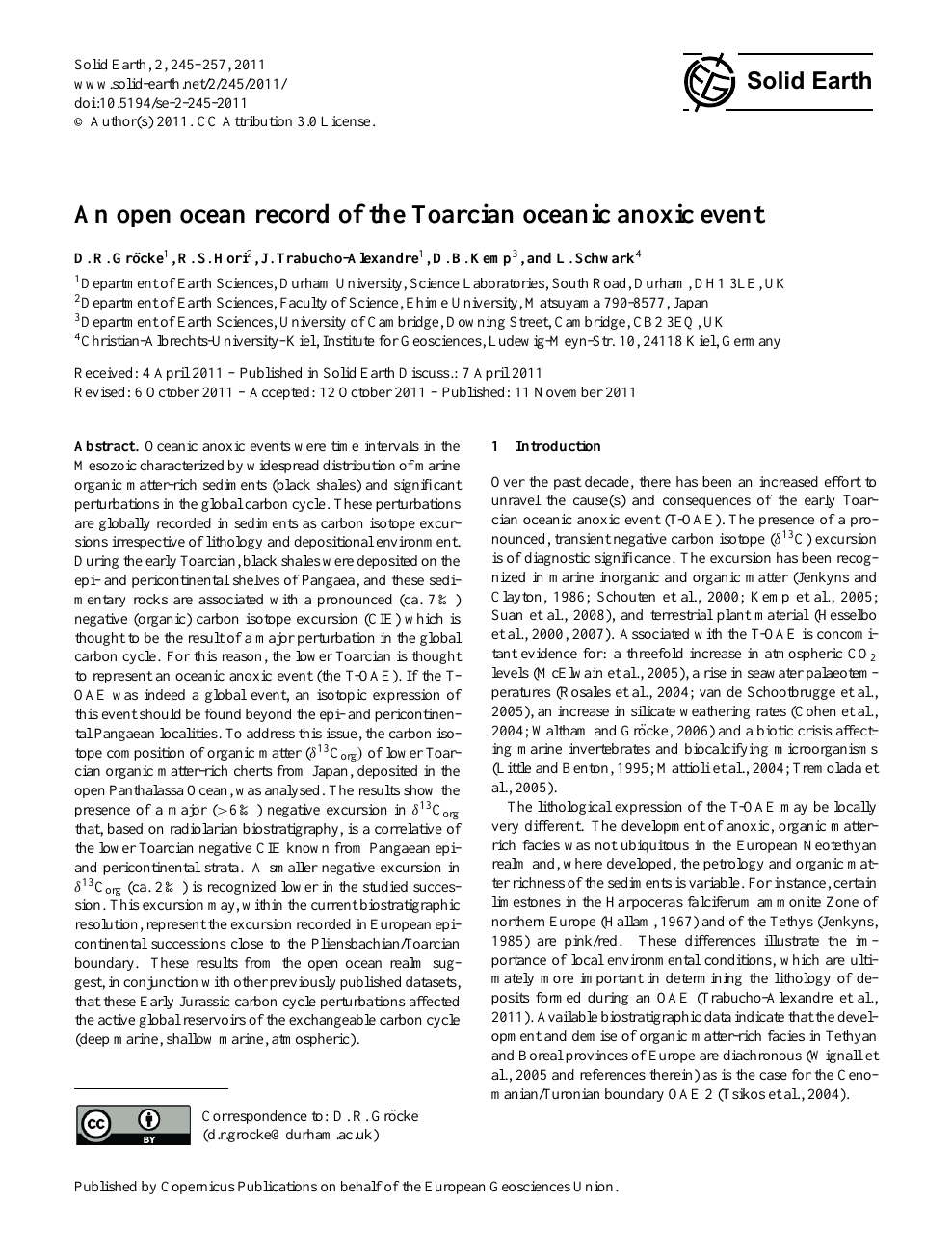 An Open Ocean Record Of The Toarcian Oceanic Anoxic Event - 