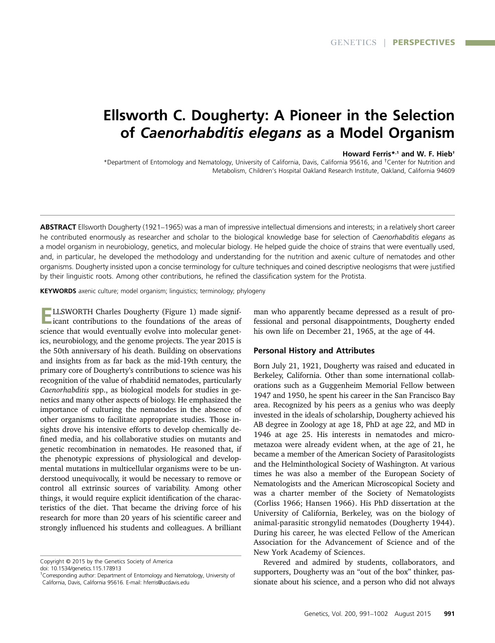 Ellsworth C Dougherty A Pioneer In The Selection Of Caenorhabditis Elegans As A Model Organism Topic Of Research Paper In Biological Sciences Download Scholarly Article Pdf And Read For Free On