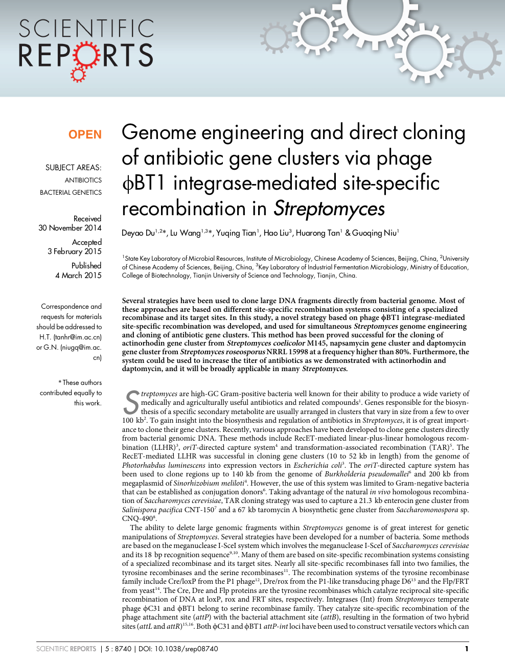 Genome Engineering And Direct Cloning Of Antibiotic Gene Clusters Via Phage ϕbt1 Integrase Mediated Site Specific Recombination In Streptomyces Topic Of Research Paper In Industrial Biotechnology Download Scholarly Article Pdf And Read For
