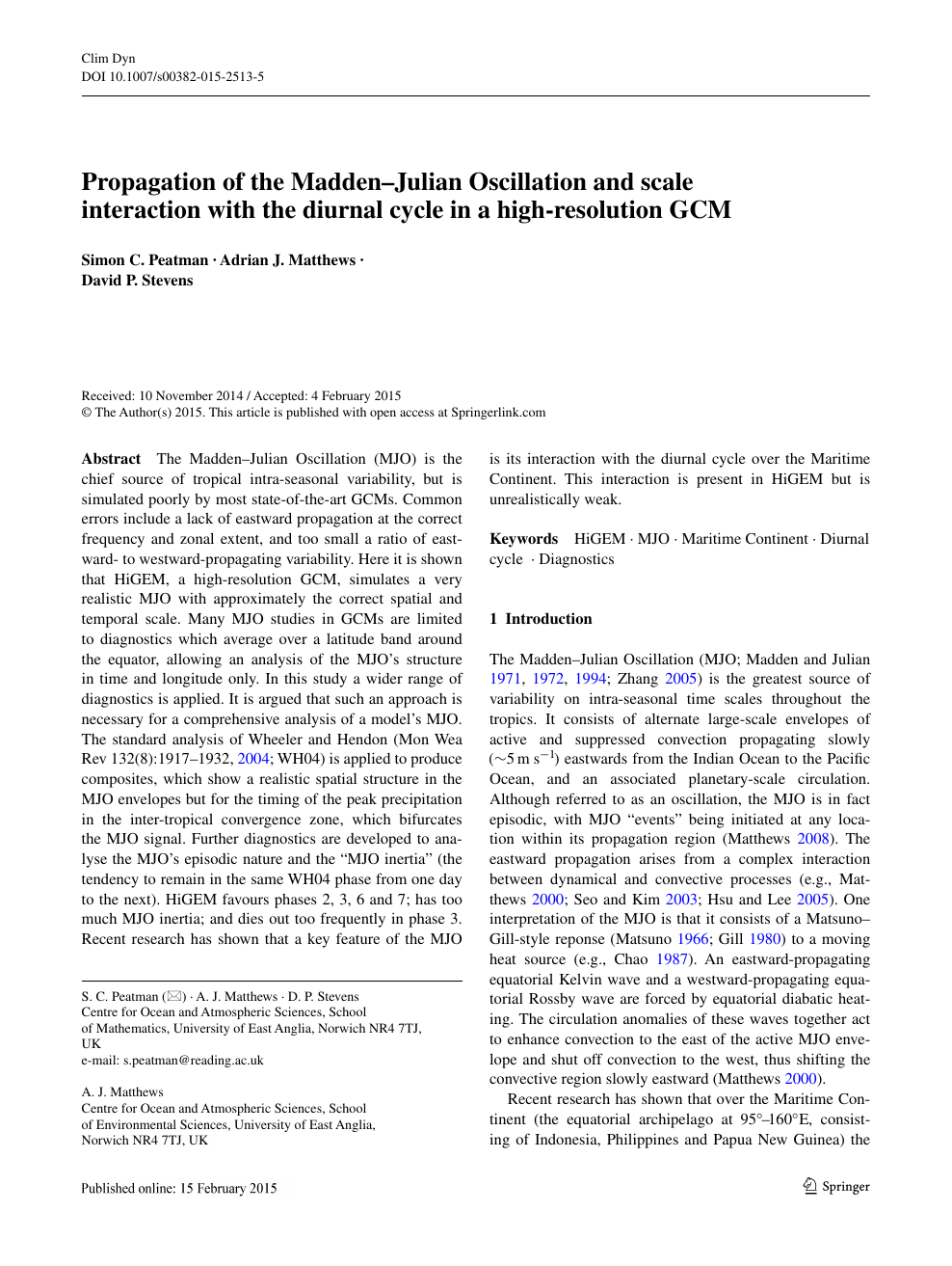 Propagation Of The Madden Julian Oscillation And Scale Interaction With The Diurnal Cycle In A High Resolution Gcm Topic Of Research Paper In Earth And Related Environmental Sciences Download Scholarly Article Pdf And