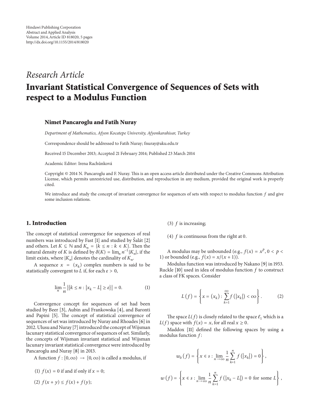 Invariant Statistical Convergence Of Sequences Of Sets With Respect To A Modulus Function Topic Of Research Paper In Mathematics Download Scholarly Article Pdf And Read For Free On Cyberleninka Open Science