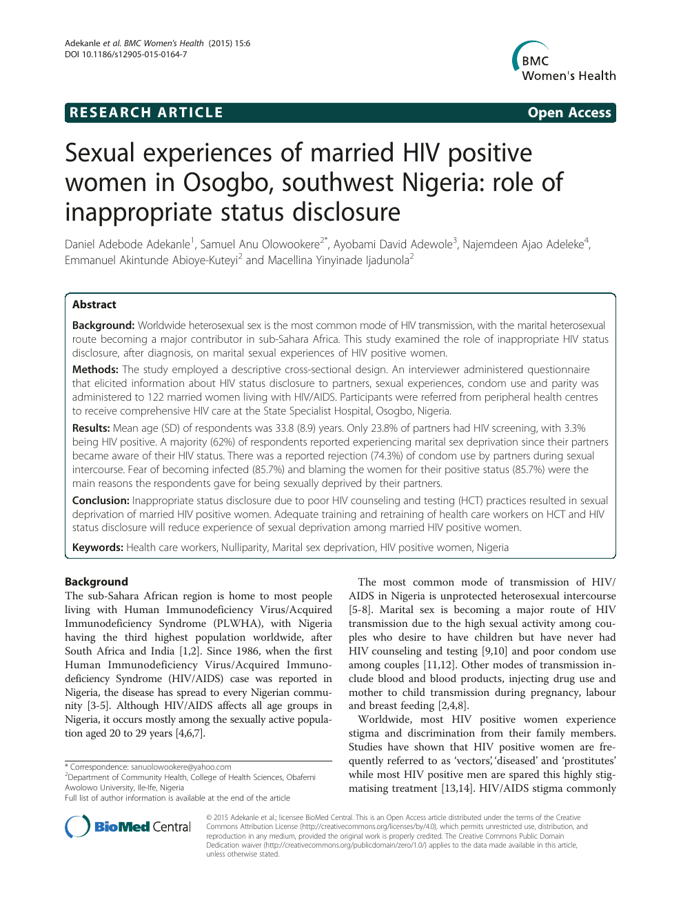 Sexual experiences of married HIV positive women in Osogbo, southwest Nigeria role of inappropriate status disclosure