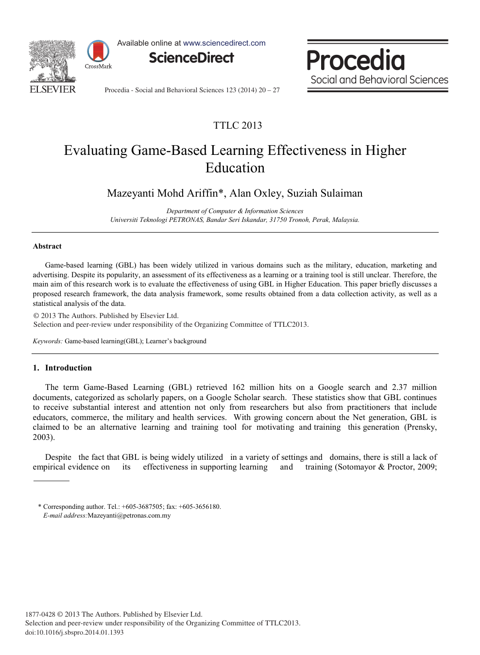 Evaluating Game Based Learning Effectiveness In Higher Education