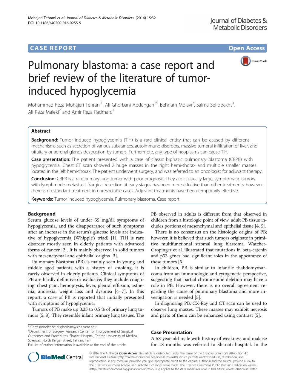 Pulmonary blastoma: a case report and brief review of the literature of  tumor-induced hypoglycemia – topic of research paper in Clinical medicine.  Download scholarly article PDF and read for free on CyberLeninka