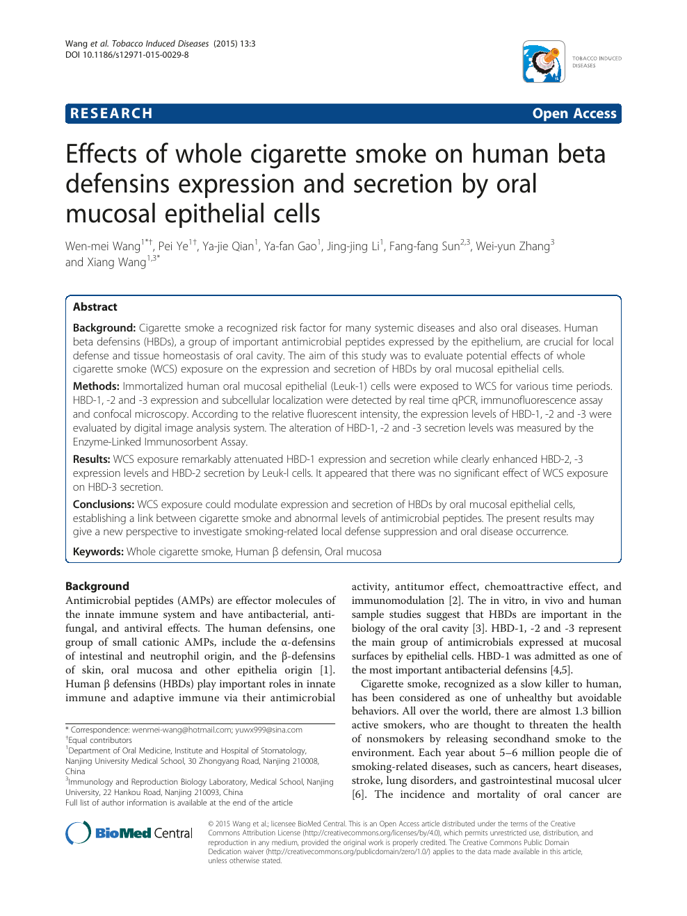 Effects Of Whole Cigarette Smoke On Human Beta Defensins Expression And Secretion By Oral Mucosal Epithelial Cells Topic Of Research Paper In Veterinary Science Download Scholarly Article Pdf And Read For
