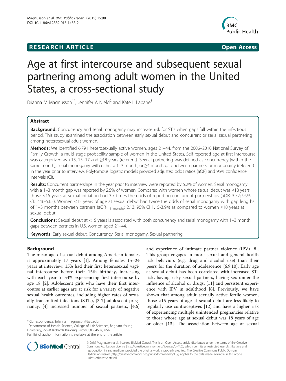 Age at first intercourse and subsequent sexual partnering among adult women in the United States, a cross-sectional study