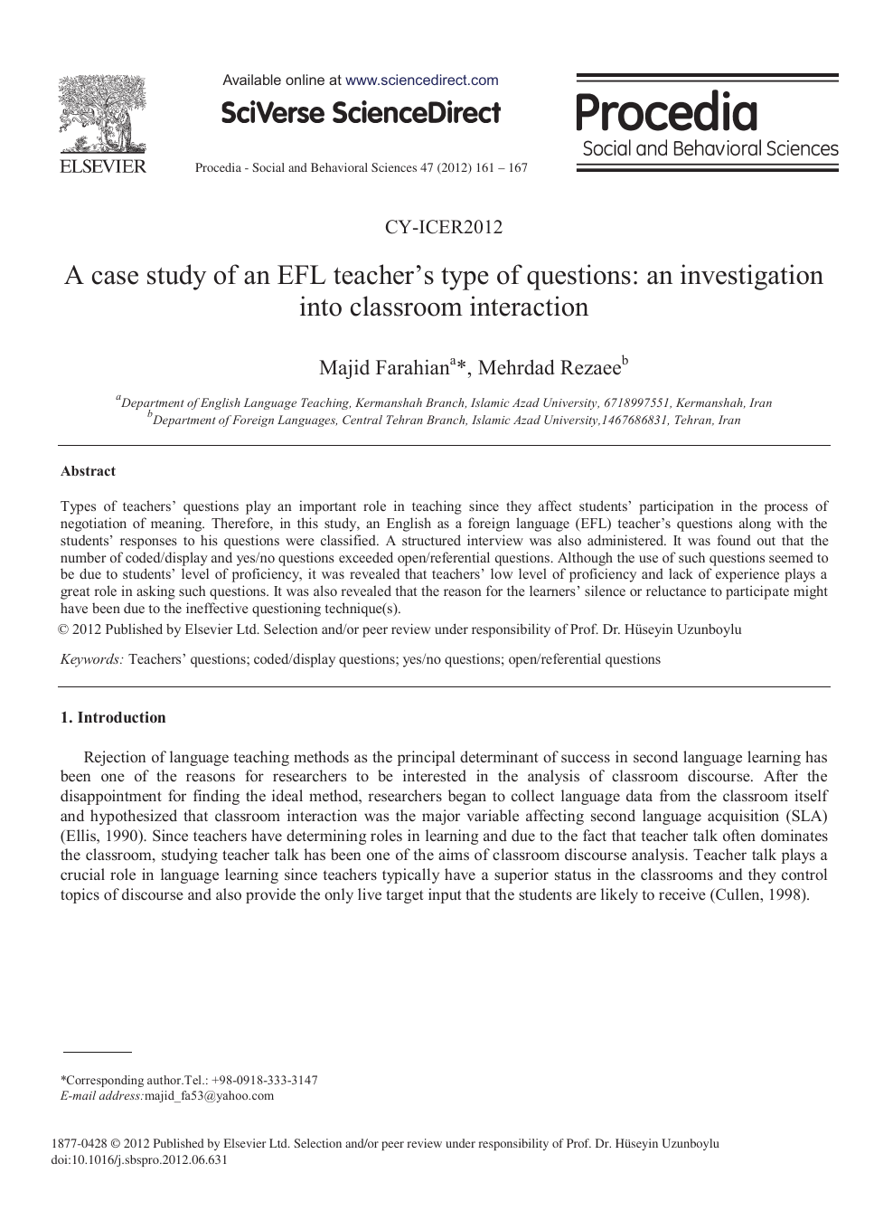 A Case Study Of An Efl Teacher S Type Of Questions An