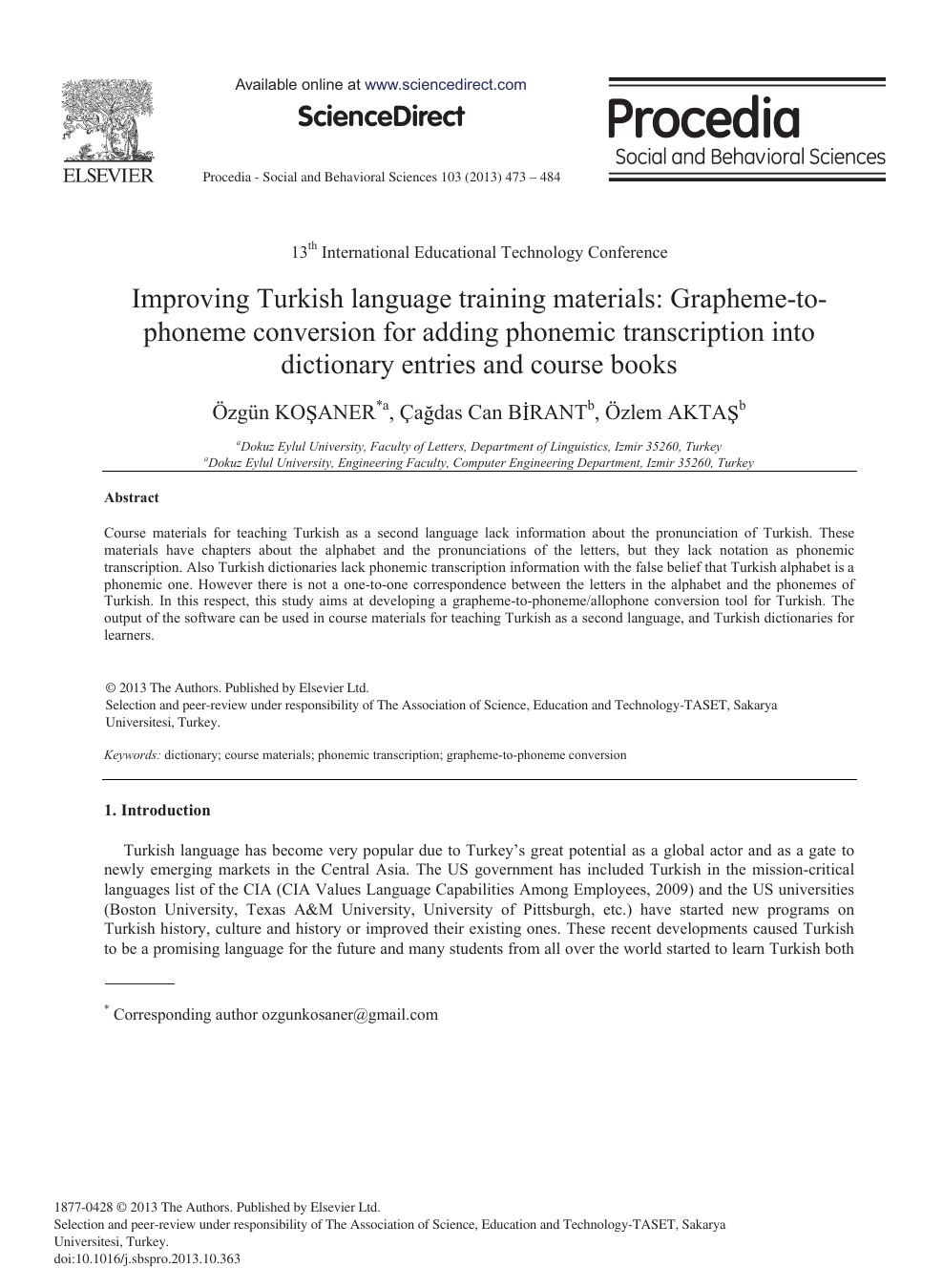 Improving Turkish Language Training Materials Grapheme To Phoneme Conversion For Adding Phonemic Transcription Into Dictionary Entries And Course Books Topic Of Research Paper In Computer And Information Sciences Download Scholarly Article Pdf
