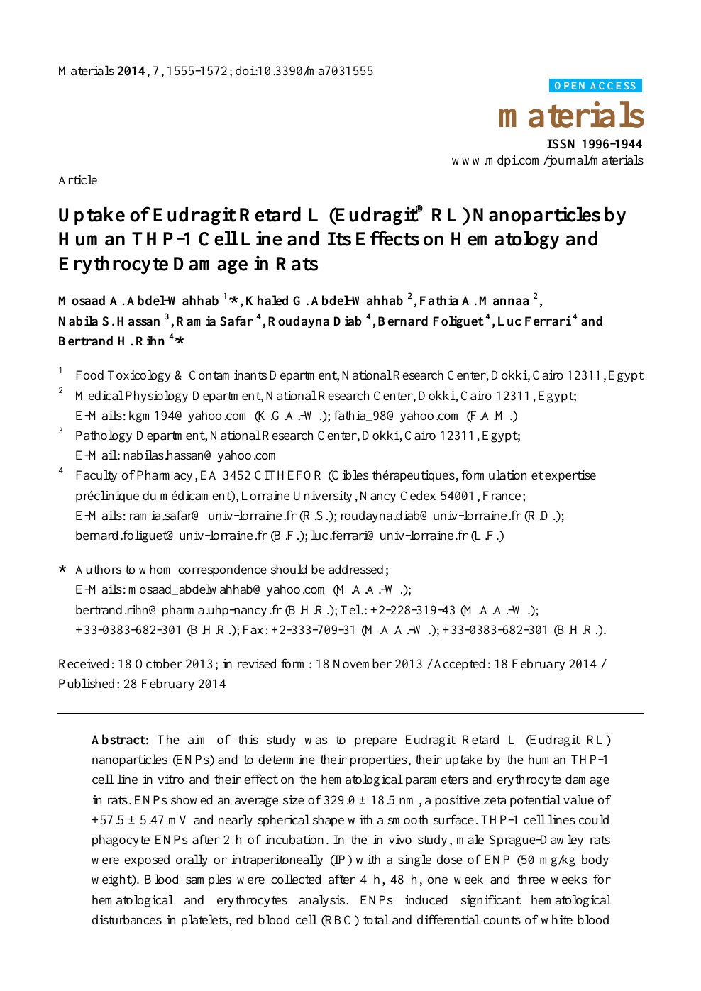 Uptake Of Eudragit Retard L Eudragit Rl Nanoparticles By Human Thp 1 Cell Line And Its Effects On Hematology And Erythrocyte Damage In Rats Topic Of Research Paper In Chemical Sciences Download