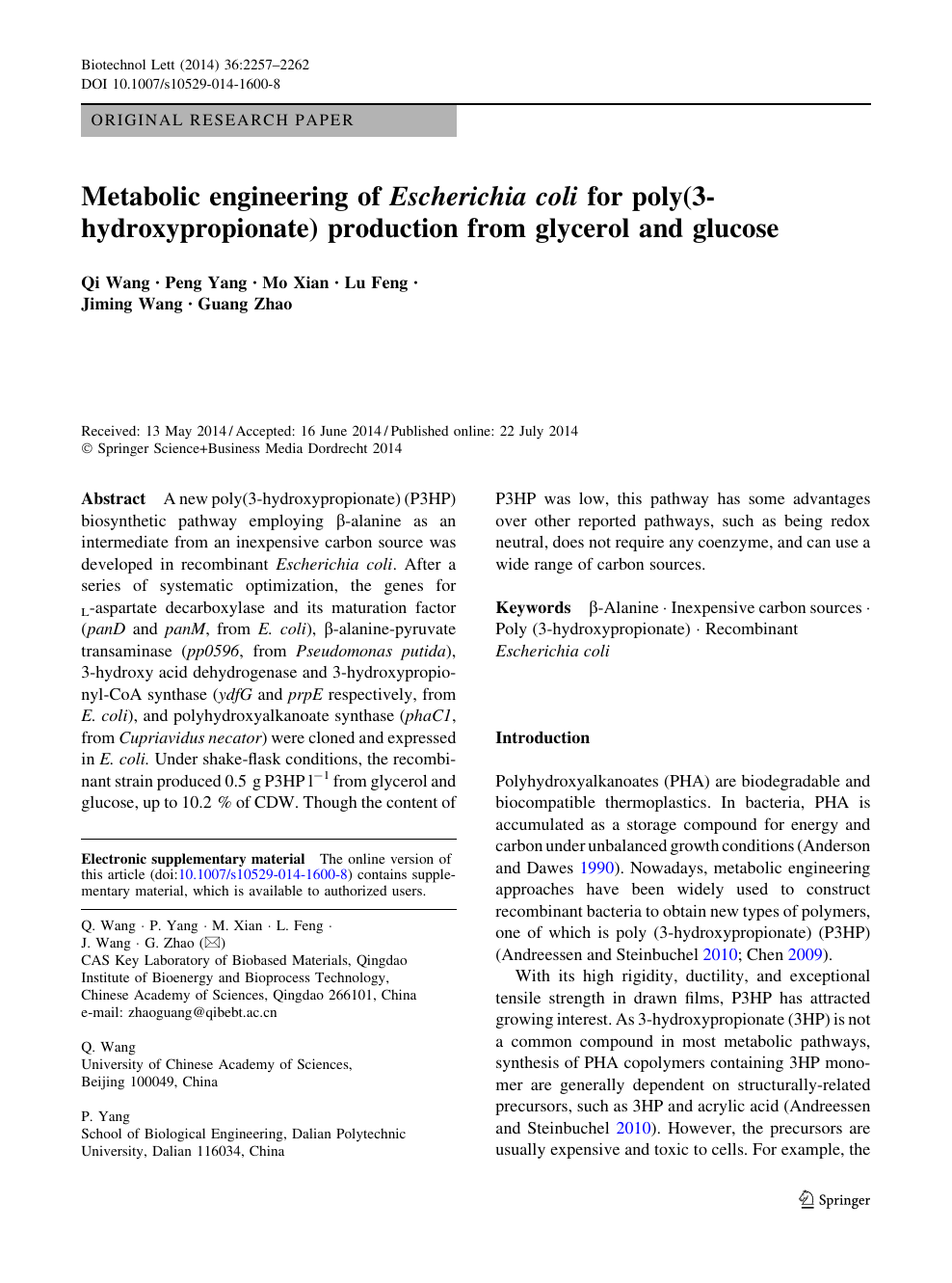 Metabolic Engineering Of Escherichia Coli For Poly 3 Hydroxypropionate Production From Glycerol And Glucose Topic Of Research Paper In Industrial Biotechnology Download Scholarly Article Pdf And Read For Free On Cyberleninka Open Science