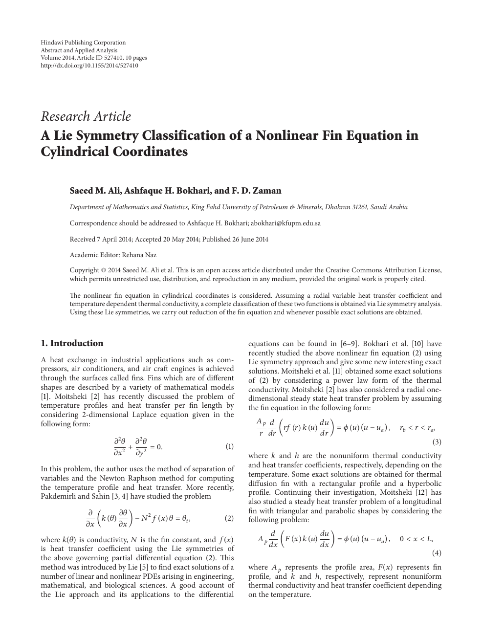 A Lie Symmetry Classification Of A Nonlinear Fin Equation In Cylindrical Coordinates Topic Of Research Paper In Mathematics Download Scholarly Article Pdf And Read For Free On Cyberleninka Open Science Hub