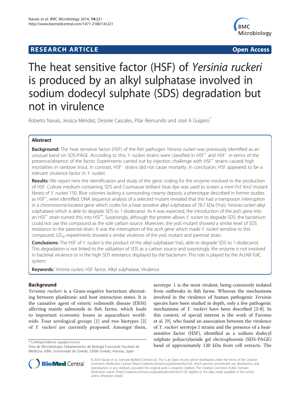 The Heat Sensitive Factor Hsf Of Yersinia Ruckeri Is Produced By An Alkyl Sulphatase Involved In Sodium Dodecyl Sulphate Sds Degradation But Not In Virulence Topic Of Research Paper In Biological