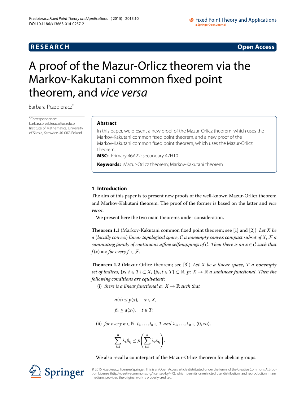 A Proof Of The Mazur Orlicz Theorem Via The Markov Kakutani Common Fixed Point Theorem And Vice Versa Topic Of Research Paper In Mathematics Download Scholarly Article Pdf And Read For Free On