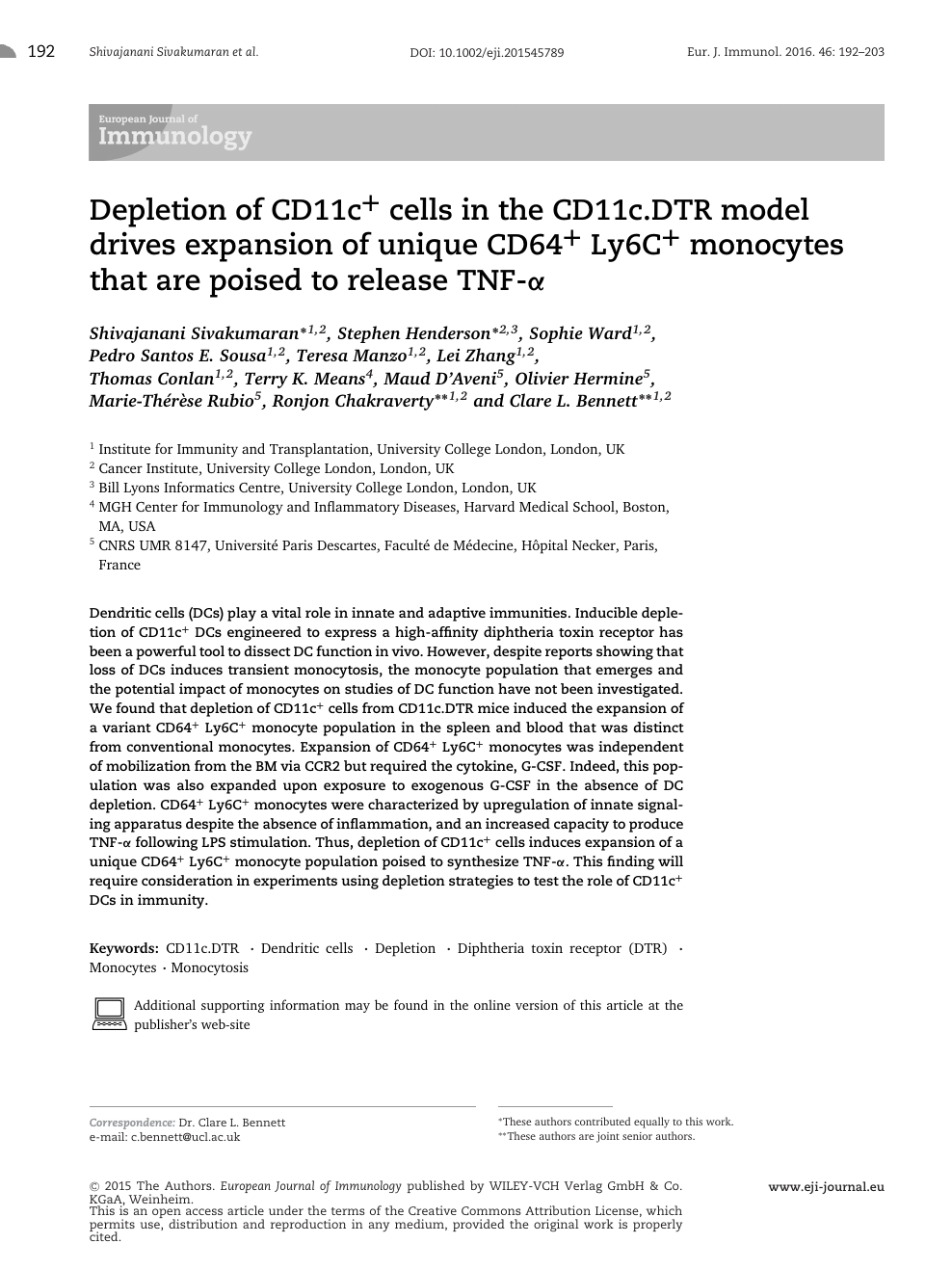 Depletion Of Cd11c Cells In The Cd11c Dtr Model Drives Expansion Of Unique Cd64 Ly6c Monocytes That Are Poised To Release Tnf A Topic Of Research Paper In Biological Sciences