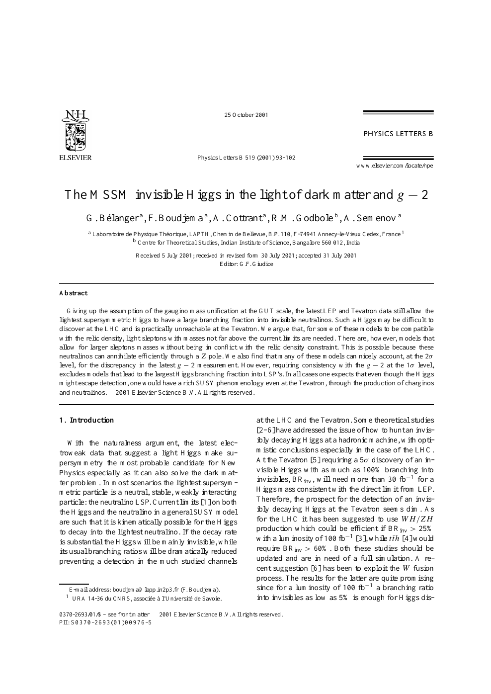 The Mssm Invisible Higgs In The Light Of Dark Matter And G 2