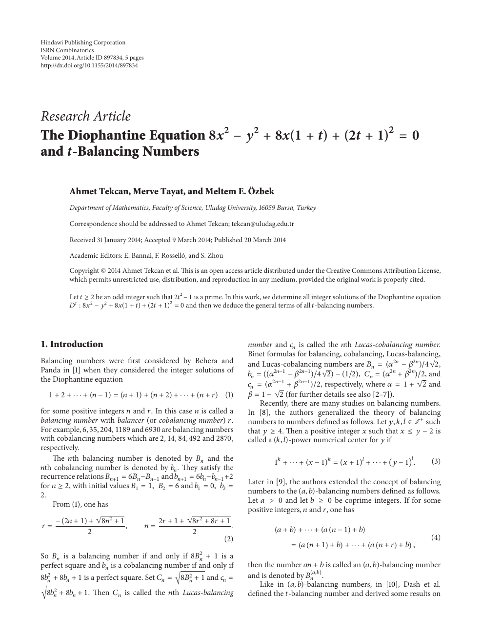 The Diophantine Equation 8 X 2 Y 2 8 X 1 T 2 T 1 2 0 And T Balancing Numbers Topic Of Research Paper In Mathematics Download Scholarly Article Pdf And Read For Free On Cyberleninka Open Science Hub