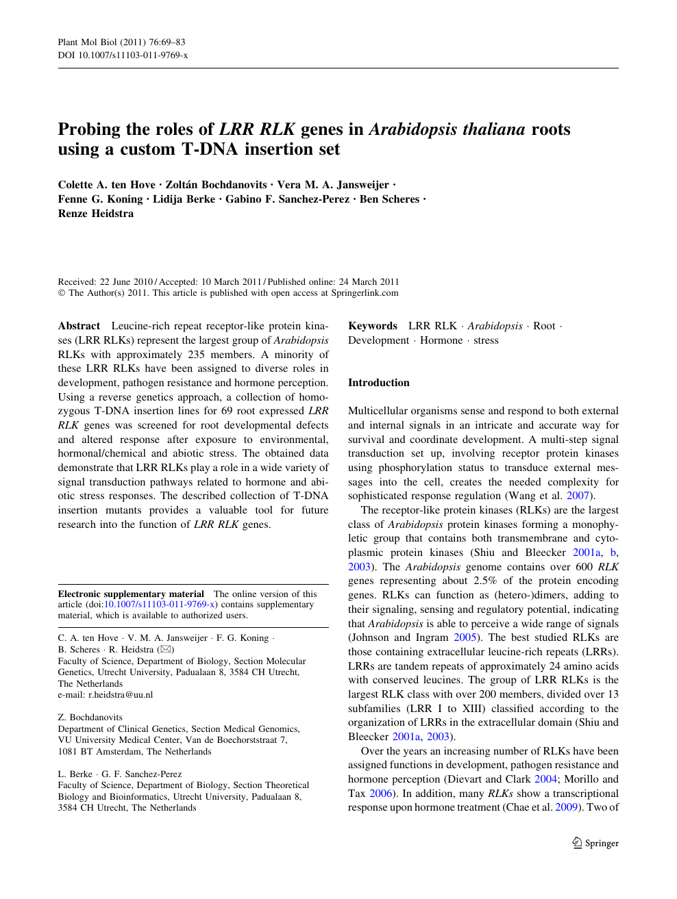 Probing The Roles Of Lrr Rlk Genes In Arabidopsis Thaliana Roots Using A Custom T Dna Insertion Set Topic Of Research Paper In Biological Sciences Download Scholarly Article Pdf And Read For