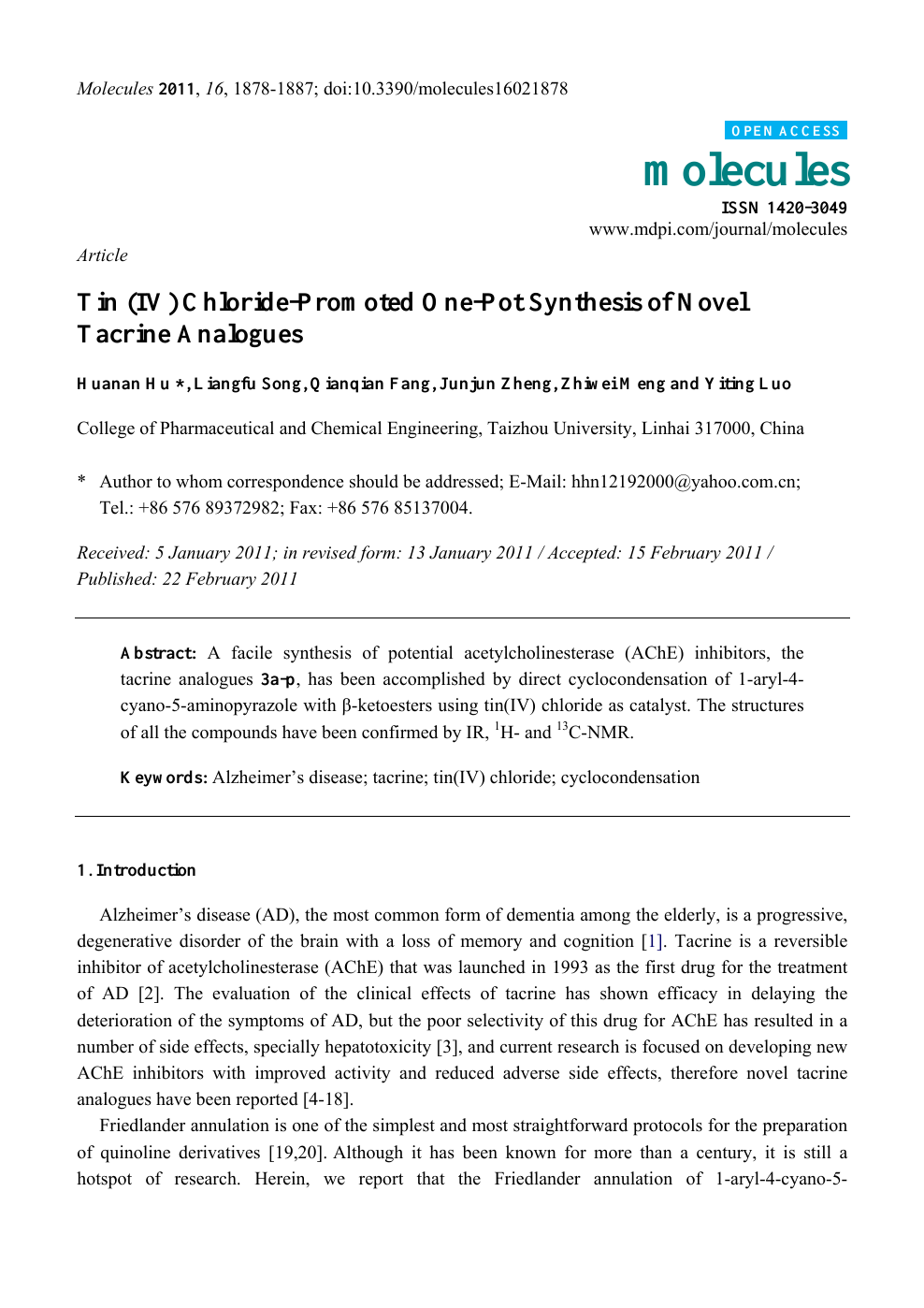 Tin Iv Chloride Promoted One Pot Synthesis Of Novel Tacrine Analogues Topic Of Research Paper In Chemical Sciences Download Scholarly Article Pdf And Read For Free On Cyberleninka Open Science Hub