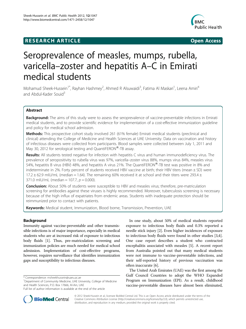 Seroprevalence Of Measles Mumps Rubella Varicella Zoster And Hepatitis A C In Emirati Medical Students Topic Of Research Paper In Veterinary Science Download Scholarly Article Pdf And Read For Free On Cyberleninka Open