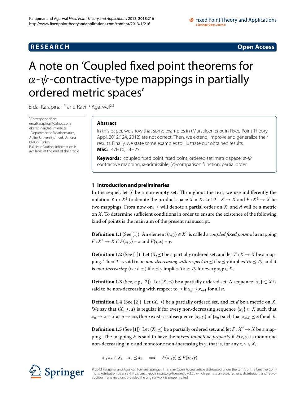 A Note On Coupled Fixed Point Theorems For Alpha Psi Contractive Type Mappings In Partially Ordered Metric Spaces Topic Of Research Paper In Mathematics Download Scholarly Article Pdf And Read For Free On