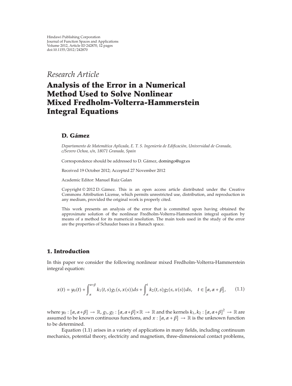 Analysis Of The Error In A Numerical Method Used To Solve Nonlinear Mixed Fredholm Volterra Hammerstein Integral Equations Topic Of Research Paper In Mathematics Download Scholarly Article Pdf And Read For Free On