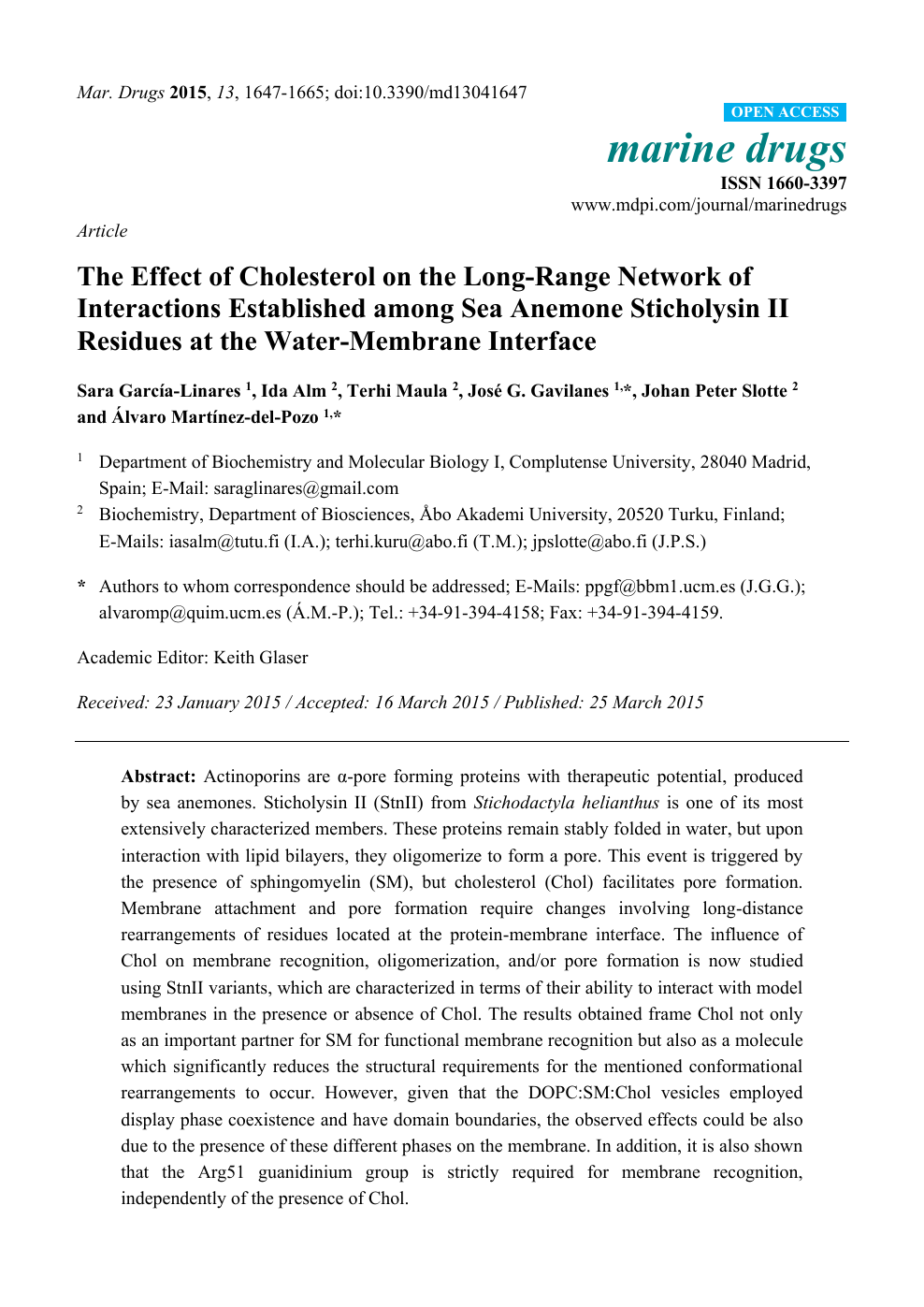 The Effect Of Cholesterol On The Long Range Network Of Interactions Established Among Sea Anemone Sticholysin Ii Residues At The Water Membrane Interface Topic Of Research Paper In Biological Sciences Download Scholarly Article