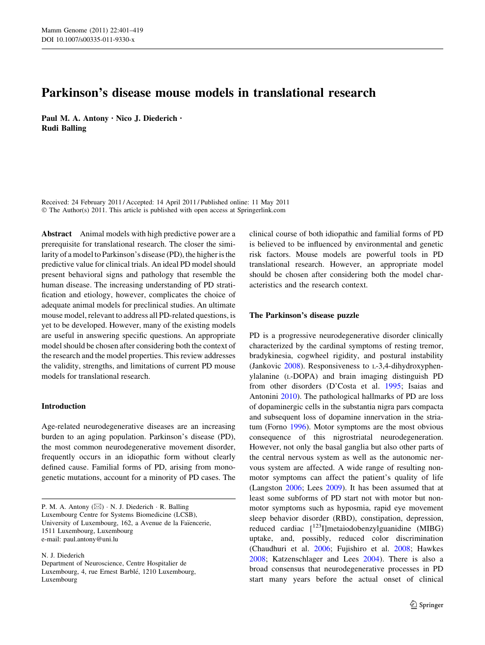 Parkinsons Disease Mouse Models In Translational Research - 
