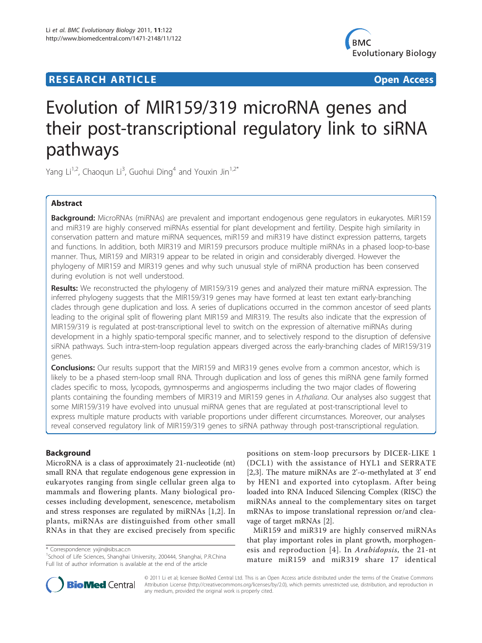 Evolution Of Mir159 319 Microrna Genes And Their Post Transcriptional Regulatory Link To Sirna Pathways Topic Of Research Paper In Biological Sciences Download Scholarly Article Pdf And Read For Free On Cyberleninka Open