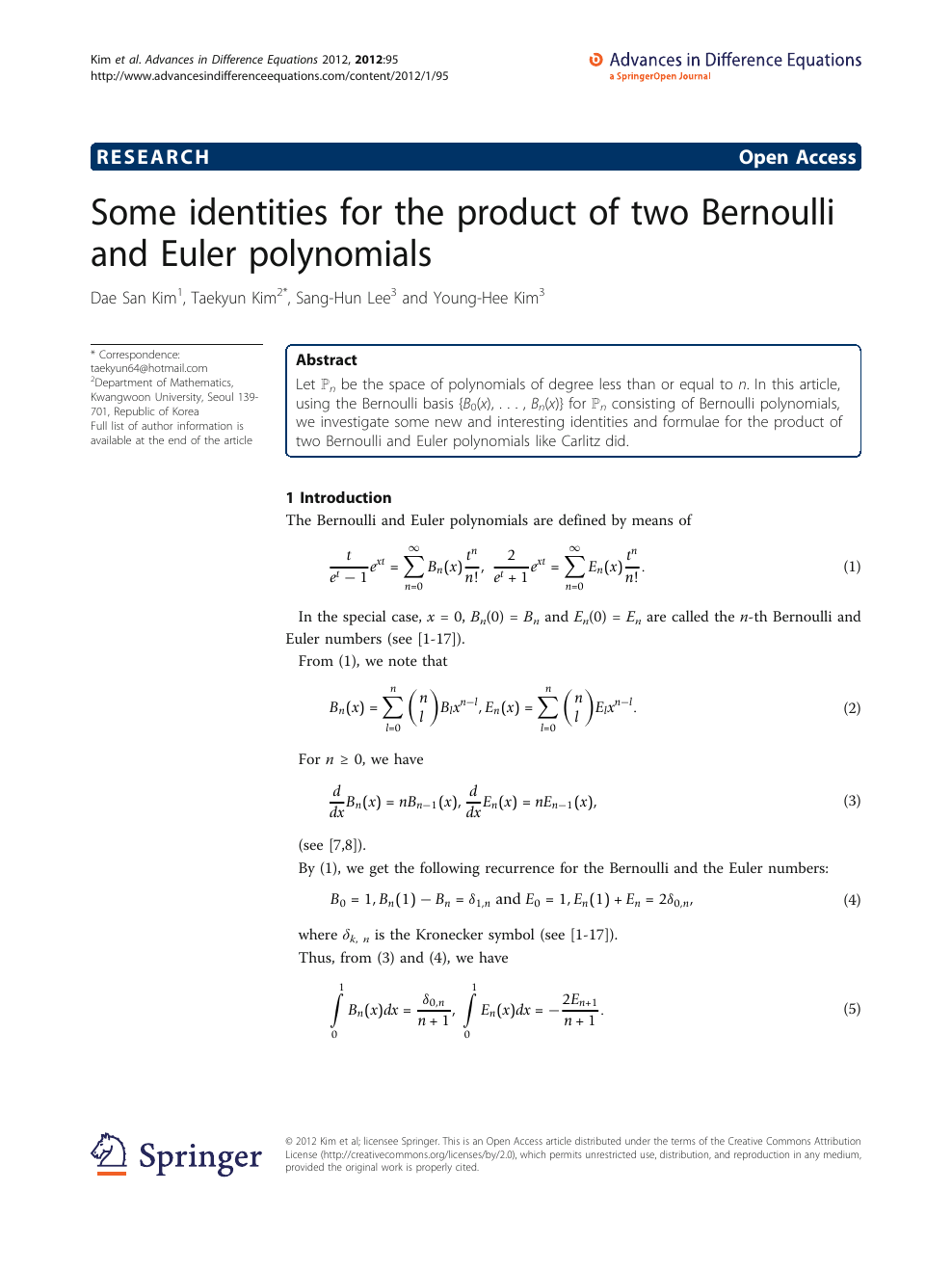 Some Identities For The Product Of Two Bernoulli And Euler Polynomials Topic Of Research Paper In Mathematics Download Scholarly Article Pdf And Read For Free On Cyberleninka Open Science Hub