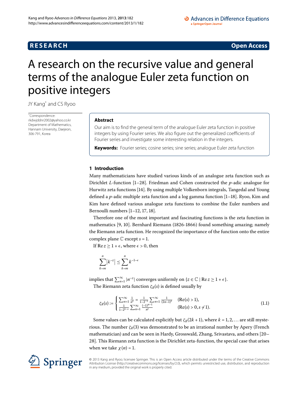 A Research On The Recursive Value And General Terms Of The Analogue Euler Zeta Function On Positive Integers Topic Of Research Paper In Mathematics Download Scholarly Article Pdf And Read For
