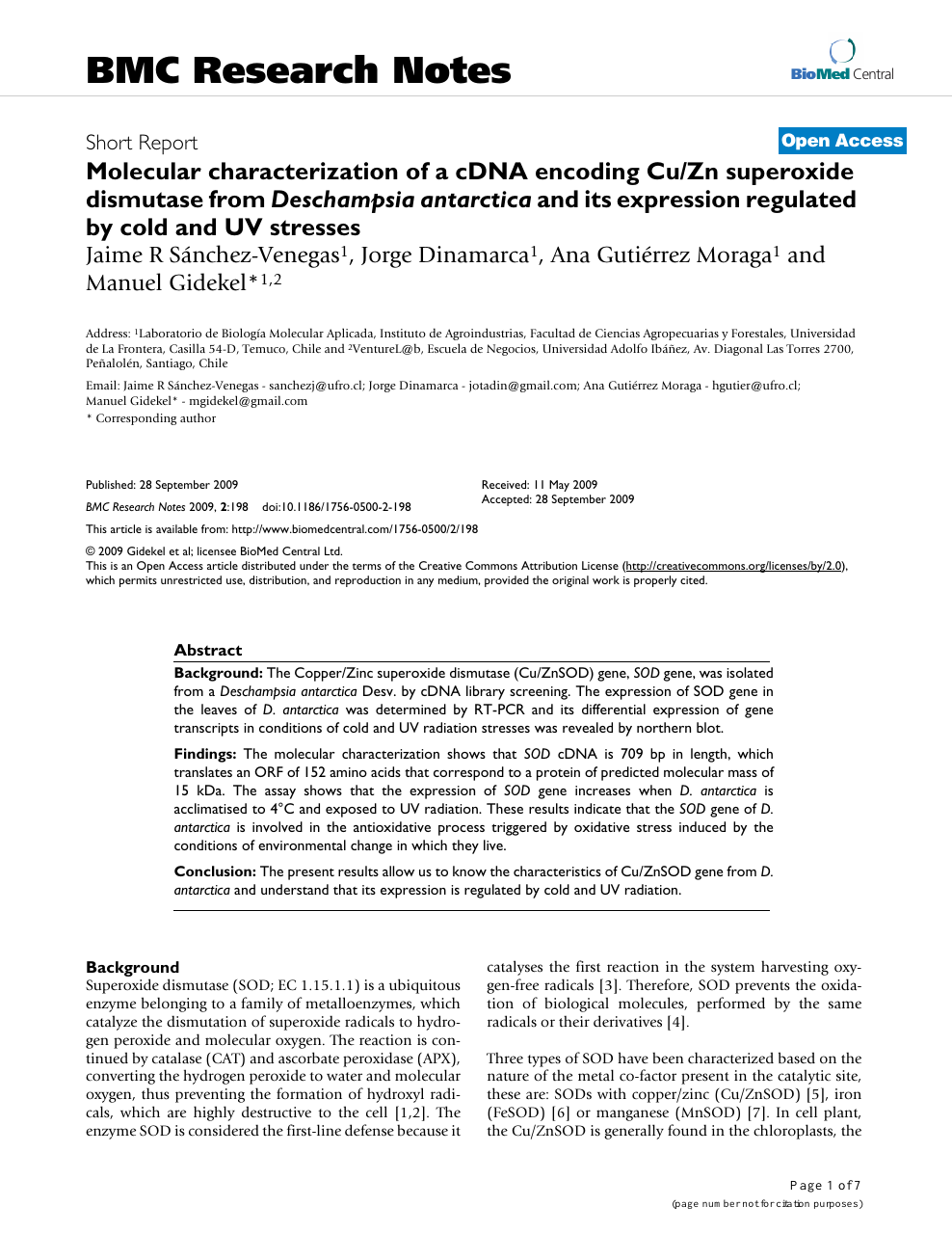 Molecular Characterization Of A Cdna Encoding Cu Zn Superoxide Dismutase From Deschampsia Antarctica And Its Expression Regulated By Cold And Uv Stresses Topic Of Research Paper In Biological Sciences Download Scholarly Article