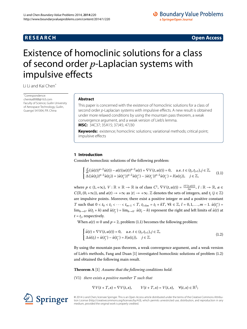 Existence Of Homoclinic Solutions For A Class Of Second Order P Laplacian Systems With Impulsive Effects Topic Of Research Paper In Mathematics Download Scholarly Article Pdf And Read For Free On Cyberleninka