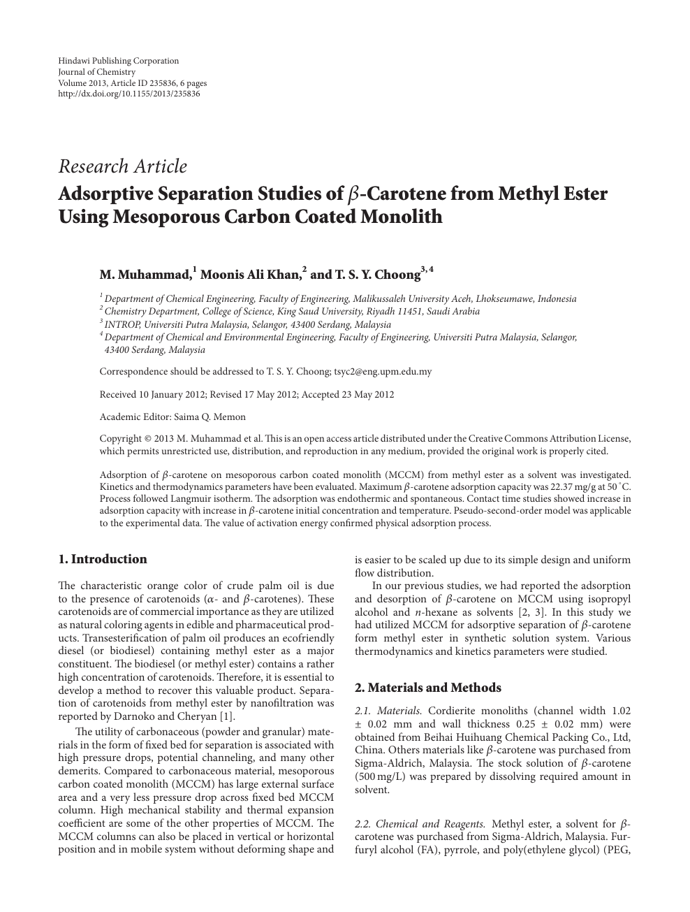 Adsorptive Separation Studies Of 𝜷 Carotene From Methyl Ester Using Mesoporous Carbon Coated Monolith Topic Of Research Paper In Chemical Engineering Download Scholarly Article Pdf And Read For Free On Cyberleninka Open