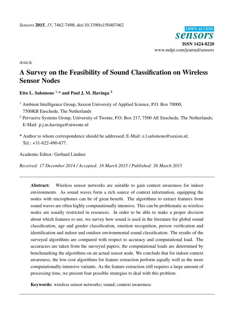 A Survey On The Feasibility Of Sound Classification On Wireless Sensor Nodes Topic Of Research Paper In Electrical Engineering Electronic Engineering Information Engineering Download Scholarly Article Pdf And Read For Free