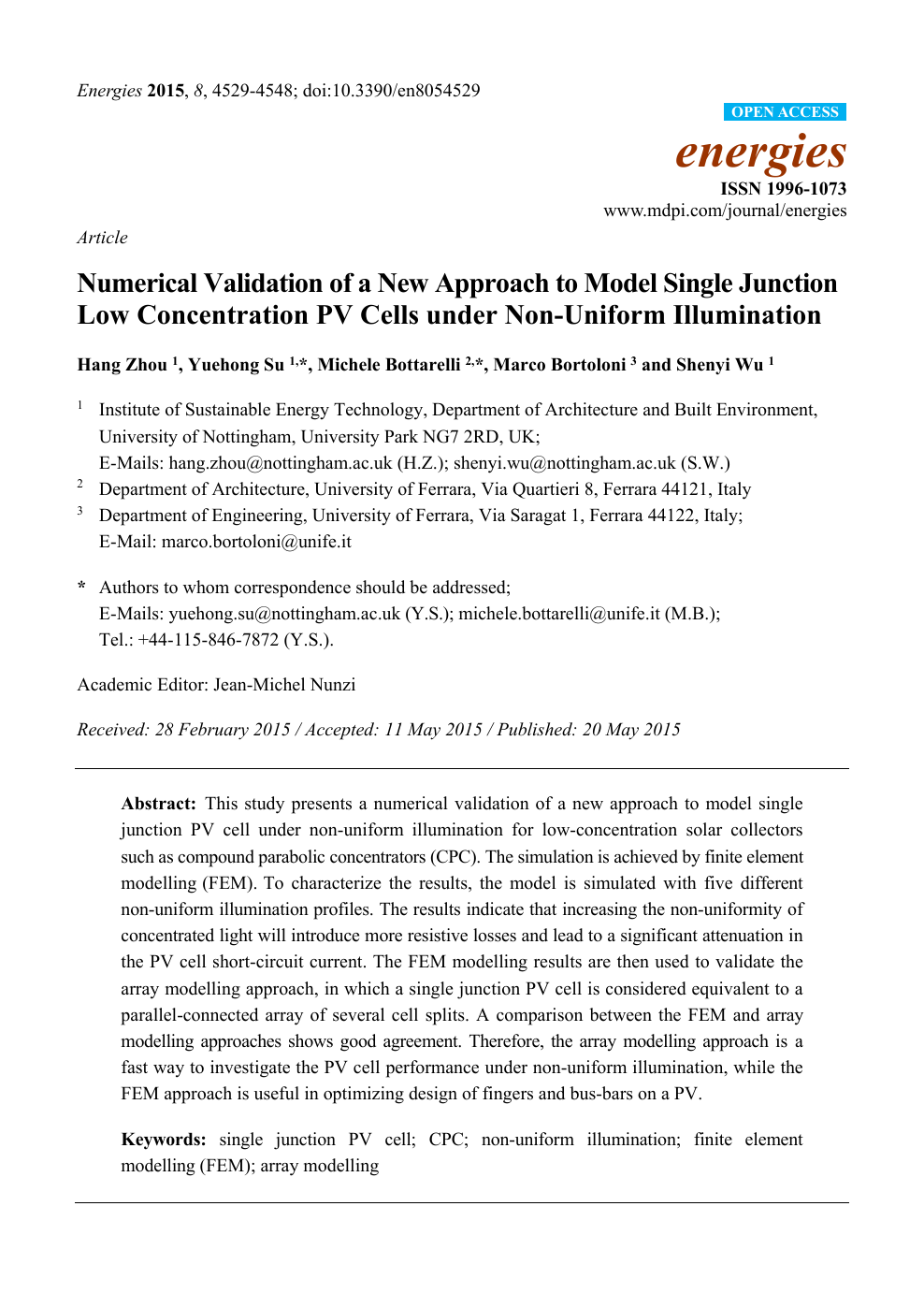 Numerical Validation Of A New Approach To Model Single Junction Low Concentration Pv Cells Under Non Uniform Illumination Topic Of Research Paper In Earth And Related Environmental Sciences Download Scholarly Article Pdf