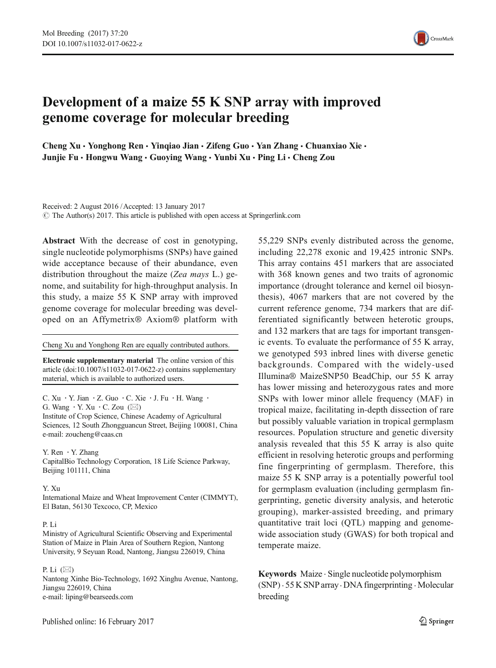 Development Of A Maize 55 K Snp Array With Improved Genome Coverage For Molecular Breeding Topic Of Research Paper In Biological Sciences Download Scholarly Article Pdf And Read For Free On