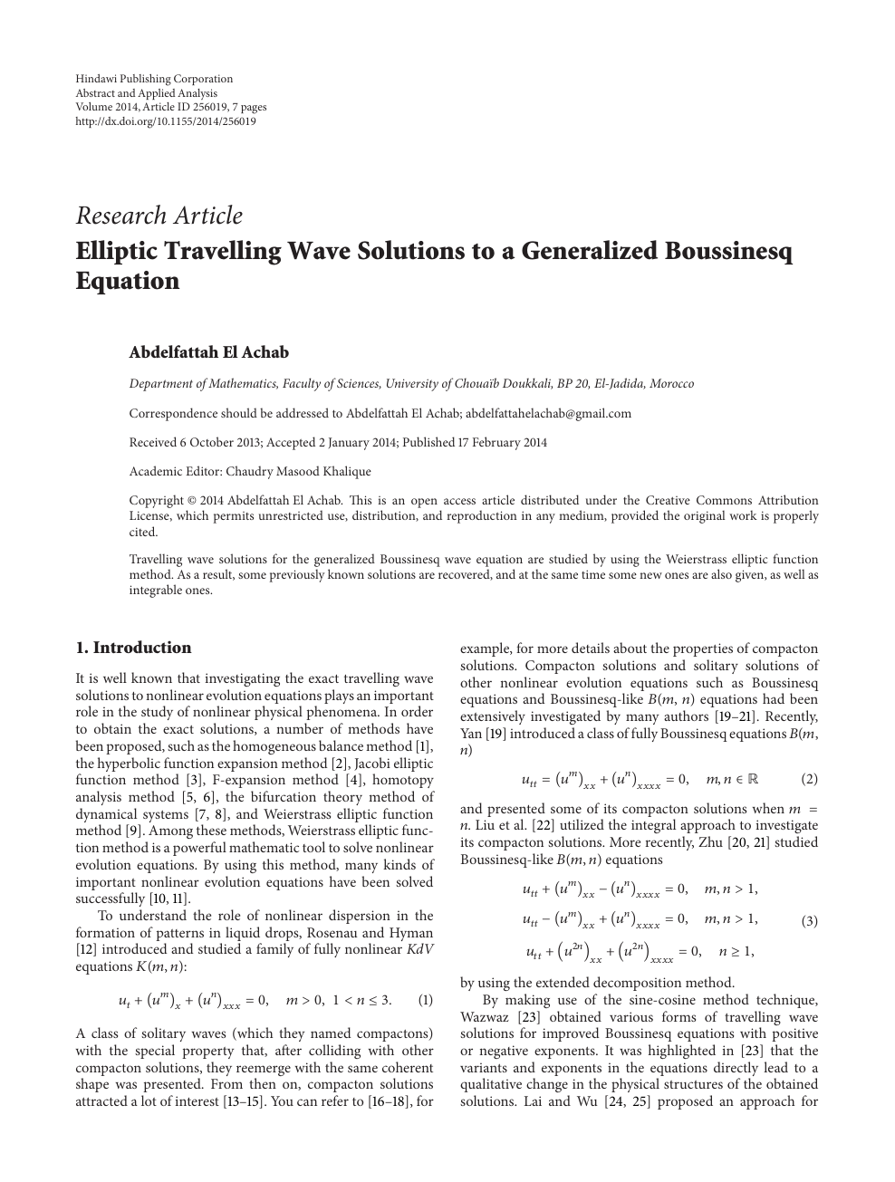 Elliptic Travelling Wave Solutions To A Generalized Boussinesq Equation Topic Of Research Paper In Mathematics Download Scholarly Article Pdf And Read For Free On Cyberleninka Open Science Hub