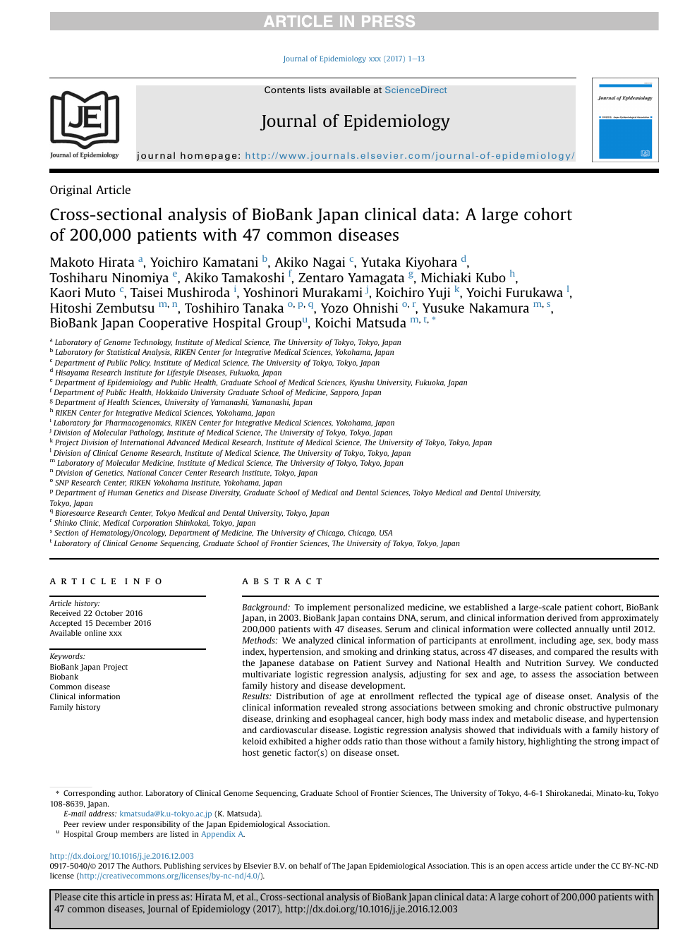 Cross Sectional Analysis Of Biobank Japan Clinical Data A Large Cohort Of 0 000 Patients With 47 Common Diseases Topic Of Research Paper In Clinical Medicine Download Scholarly Article Pdf And Read For