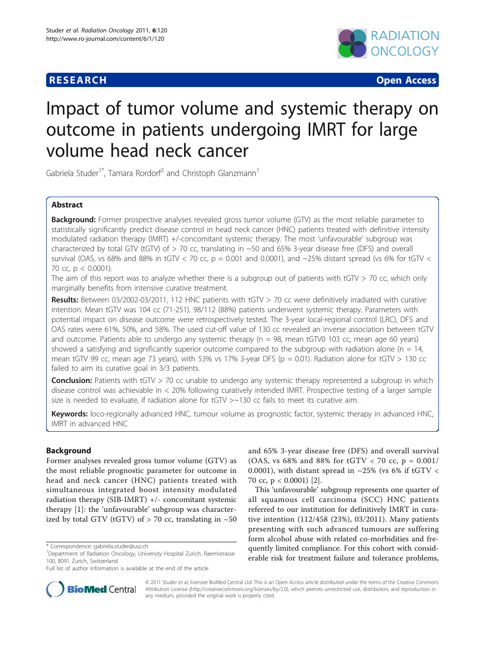 Impact Of Tumor Volume And Systemic Therapy On Outcome In Patients Undergoing Imrt For Large Volume Head Neck Cancer Topic Of Research Paper In Clinical Medicine Download Scholarly Article Pdf And