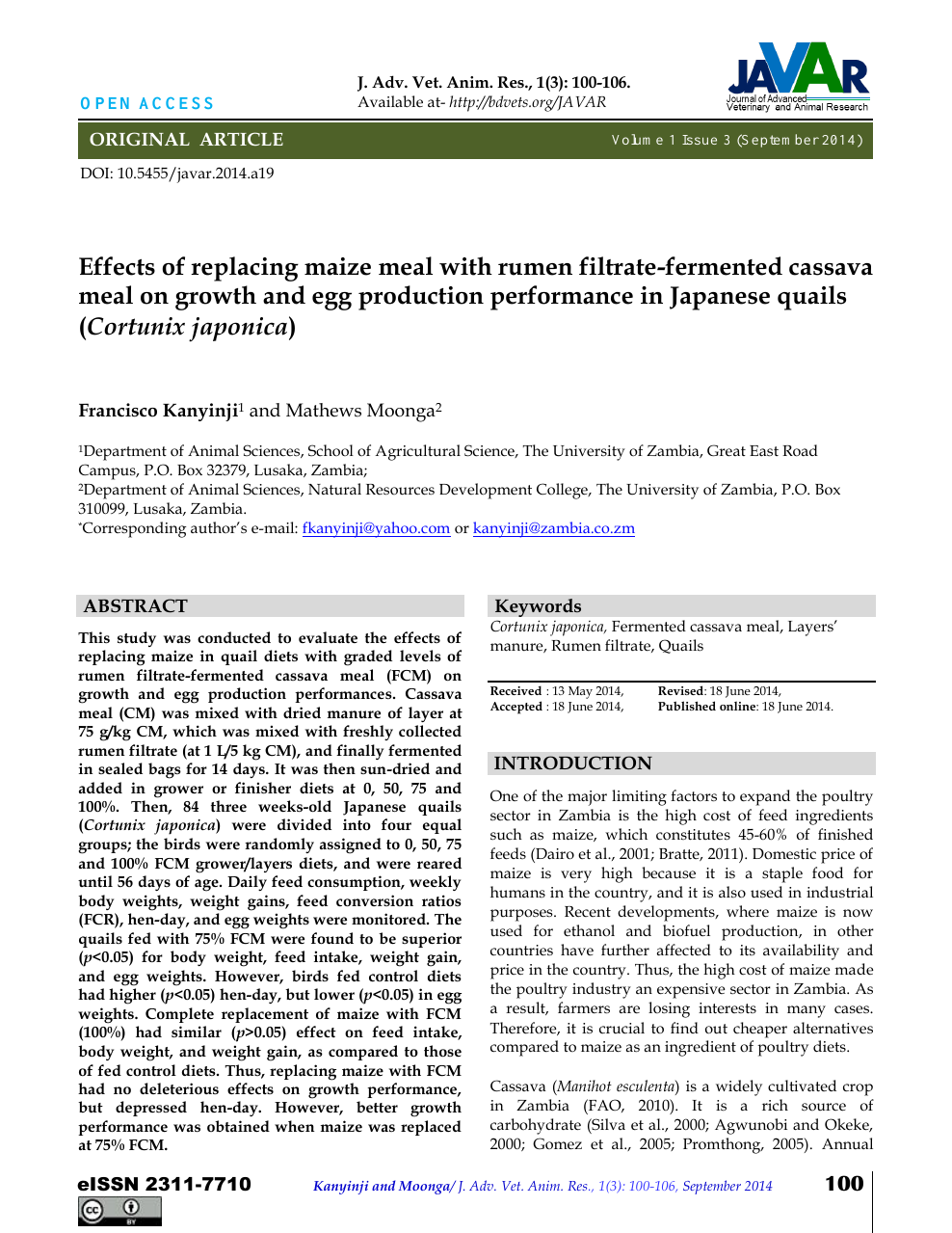 Effects of replacing maize meal with rumen filtrate-fermented cassava meal  on growth and egg production performance in Japanese quails (Cortunix  japonica) – topic of research paper in Animal and dairy science. Download