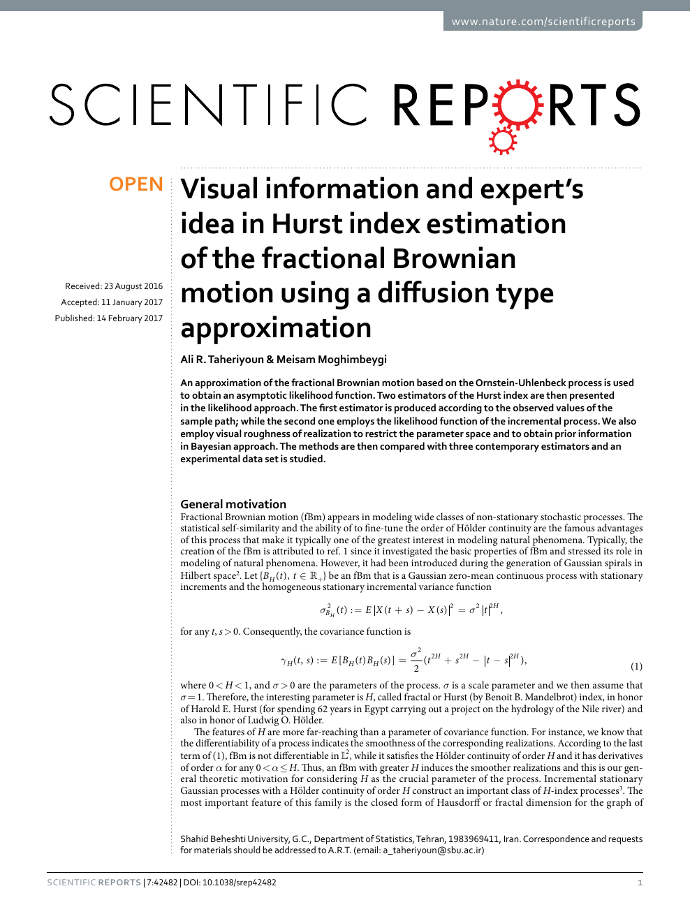 Visual Information And Expert S Idea In Hurst Index Estimation Of The Fractional Brownian Motion Using A Diffusion Type Approximation Topic Of Research Paper In Mathematics Download Scholarly Article Pdf And Read