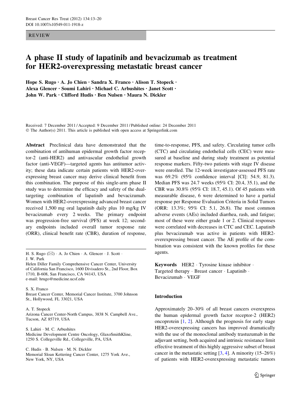 A Phase Ii Study Of Lapatinib And Bevacizumab As Treatment For Her2 Overexpressing Metastatic Breast Cancer Topic Of Research Paper In Clinical Medicine Download Scholarly Article Pdf And Read For Free On
