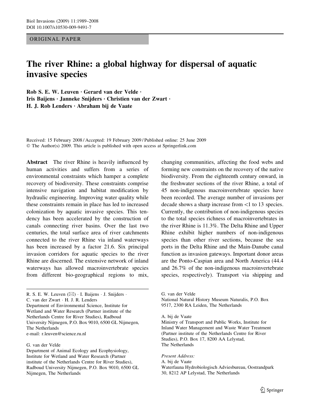The River Rhine A Global Highway For Dispersal Of Aquatic Invasive Species Topic Of Research Paper In Biological Sciences Download Scholarly Article Pdf And Read For Free On Cyberleninka Open Science