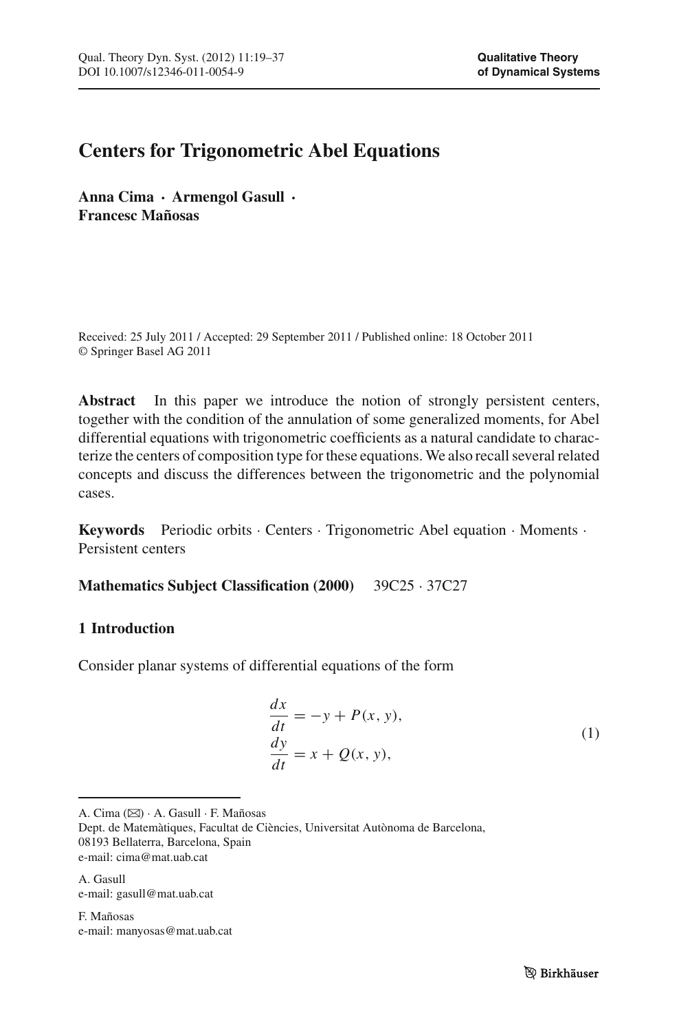 Centers For Trigonometric Abel Equations Topic Of Research Paper In Mathematics Download Scholarly Article Pdf And Read For Free On Cyberleninka Open Science Hub